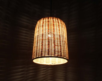 Small Cylindrical Rattan Pendant Light - Rattan Chandelier - Rustic Lighting - Shade's Width 20cm/ Height 25cm - Free Shipping Worldwide