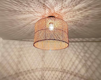 Lámpara de techo empotrada de ratán tejido a mano, de mimbre natural, estilo bohemio costero, diámetro de 15,7"