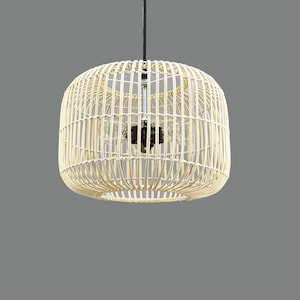 Handwoven Rattan Pendant Light,Boho Chic Ceiling Lamp,Rattan Ceiling Light,Kitchen Island Pendant Light, Three Light Bulb Sockets In