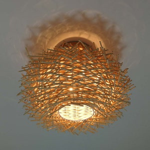 Rattan Bird Nest Flush Mount Fixture, Rattan Ceiling Light, Ceiling Flush Mount, Natural Color or Black, Lampshade Width 11&quot; / 30 cm