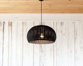 Lámpara de techo de ratán tejido a mano, lámpara colgante de ratán, negra o marrón, diámetro de la pantalla: 45 cm