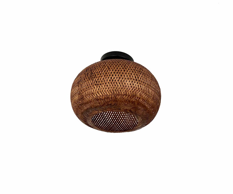 Brown Round Bamboo Flush Mount Lighting Fixture Low Ceiling lamp Semi Flush Lighting 110-240V/50-60Hz Using Worldwide image 9