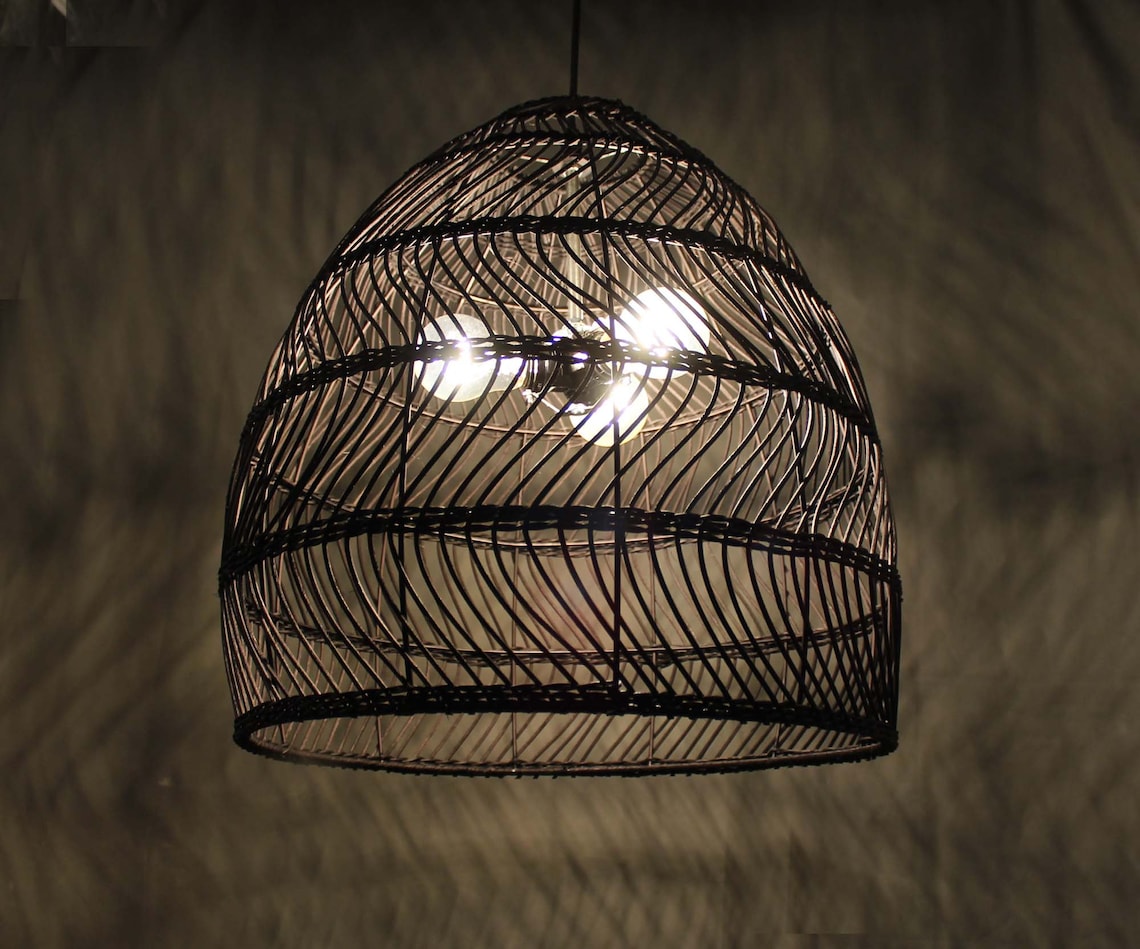 Black Rattan Bellshaped Pendant Light Shade Diameter Etsy