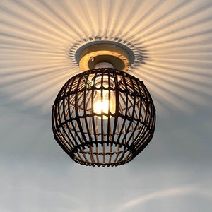 Spherical Rattan Flush Mount,Ceiling Light Fixture,Ceiling Semi Flush Mount,Boho Ceiling Light,Back or Natural Color Lampshade,Width 8.6"