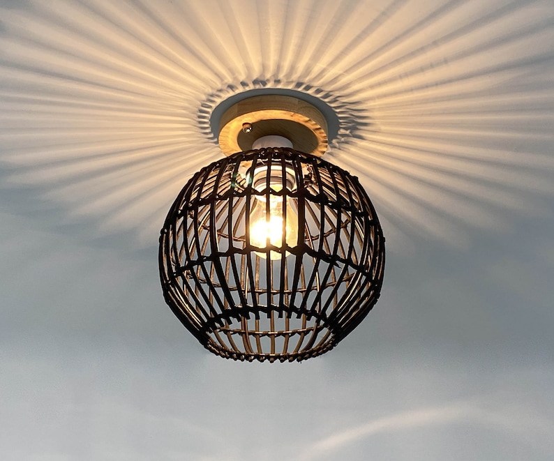 Small Spherical Rattan Flush Mount Lighting Fixture Ceiling Etsy