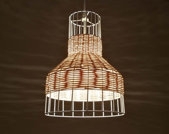 Handwoven Pendant Light, Horn-Shaped Rattan & Metallic Frame Lighting Fixture,Lampshade W10.2" x H14"