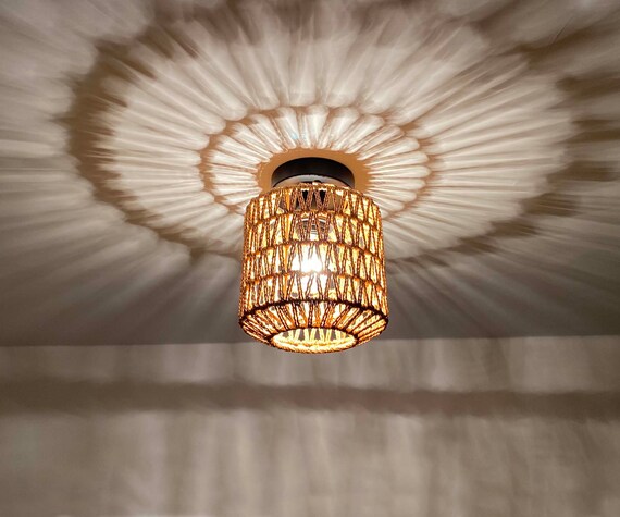 Lantern Flush Mount Apartment House Lighting Brown Paper Rope