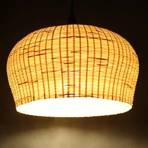 Handwoven Bamboo Pendant Light,Rustic Bamboo Lighting Fixture,Hanging Lamp,Hat-shaped Boho Bamboo Ceiling Light,Lampshade Size W13.7&quot;xH8.6&quot;
