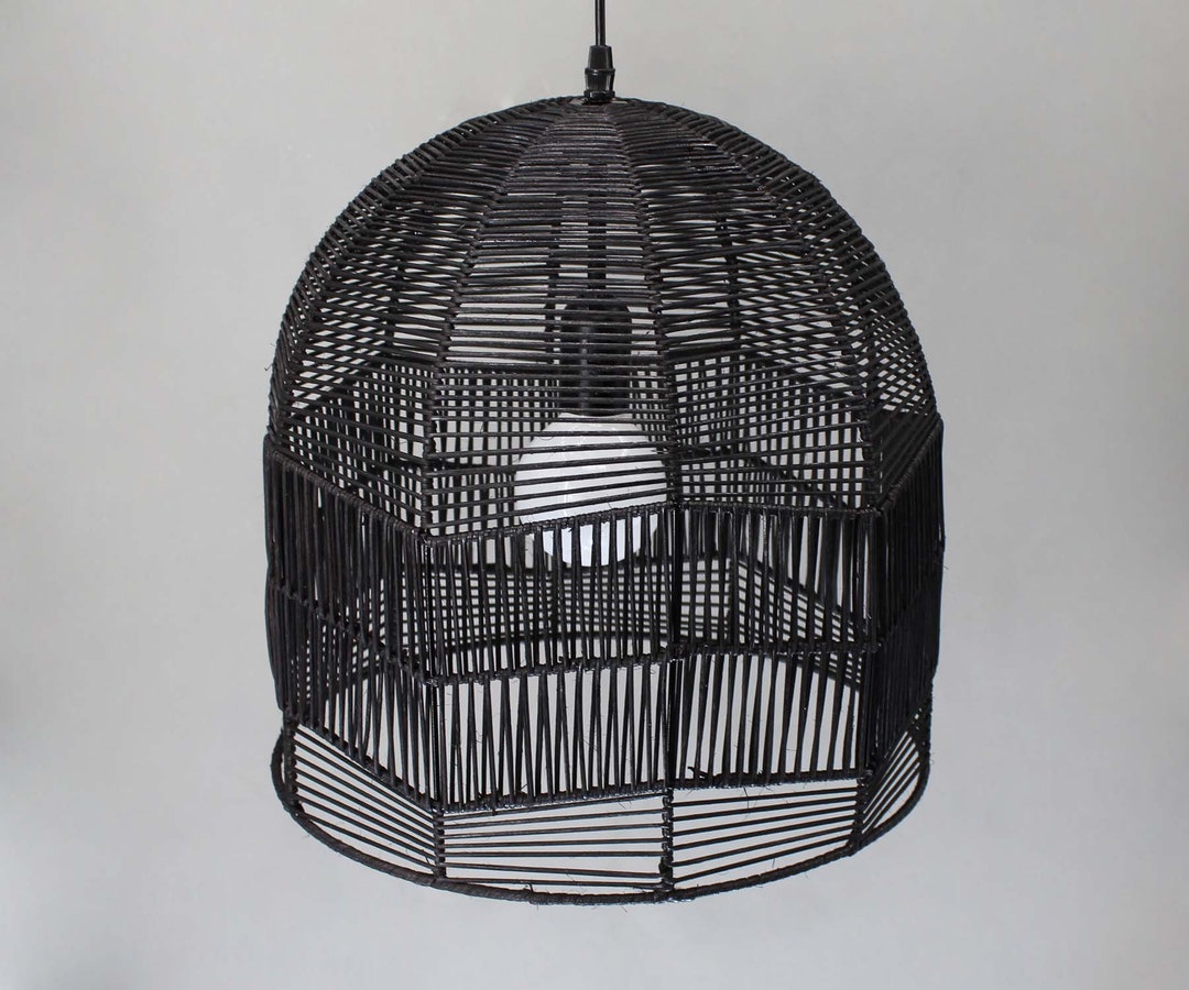 Handwoven Rattan Pendant Light, Bell-shaped Black Ceiling Fixture (W13 ...
