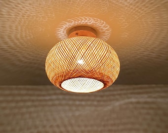 Handwoven Bamboo Flush Mount Light – Rustic Woven Ceiling Lighting