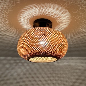 Round Bamboo Flush Mount Ceiling Light - Natural Woven Shade