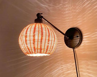 Rattan Wicker Wall Sconce, Boho Plug-in Wall Lamp, Adjustable Arm Lighting
