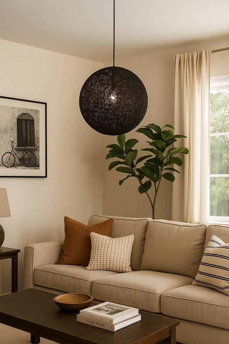 Handwoven Black Paper Rope Globe Pendant Light - Customizable Colors image 9