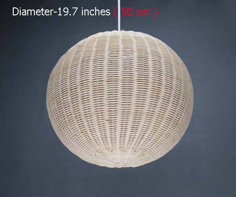 May include: A white wicker pendant light with a round shape and a diameter of 19.7 inches (50 cm).