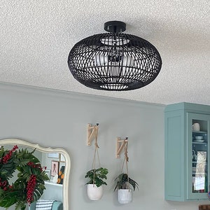 Handwoven Rattan Flush Mount Light,Semi Flush Mount Ceiling Light,Vintage Ceiling Light Fixture,3 Light Bulb Sockets,Black or Natural Color