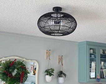 Oval Rattan Flush Mount - Black or Natural Color Lighting Fixture - Three Light Bulb Sockets In- Voltage 110-240V/50-60Hz -Using Worldwide