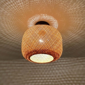 Handwoven Bamboo Flush Mount,Barrel-shaped Ceiling Light Fixture,Low Ceiling lamp,Semi Flush Mount Light,Natural Color / Black,W11" X H10.2"