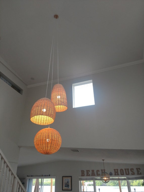 Rattan Chandelier With Three Different Shape Lamp Shades, Boho Ceiling Lighting Fixture, Natural Woven Ceiling Lamp, Welcome to Customize