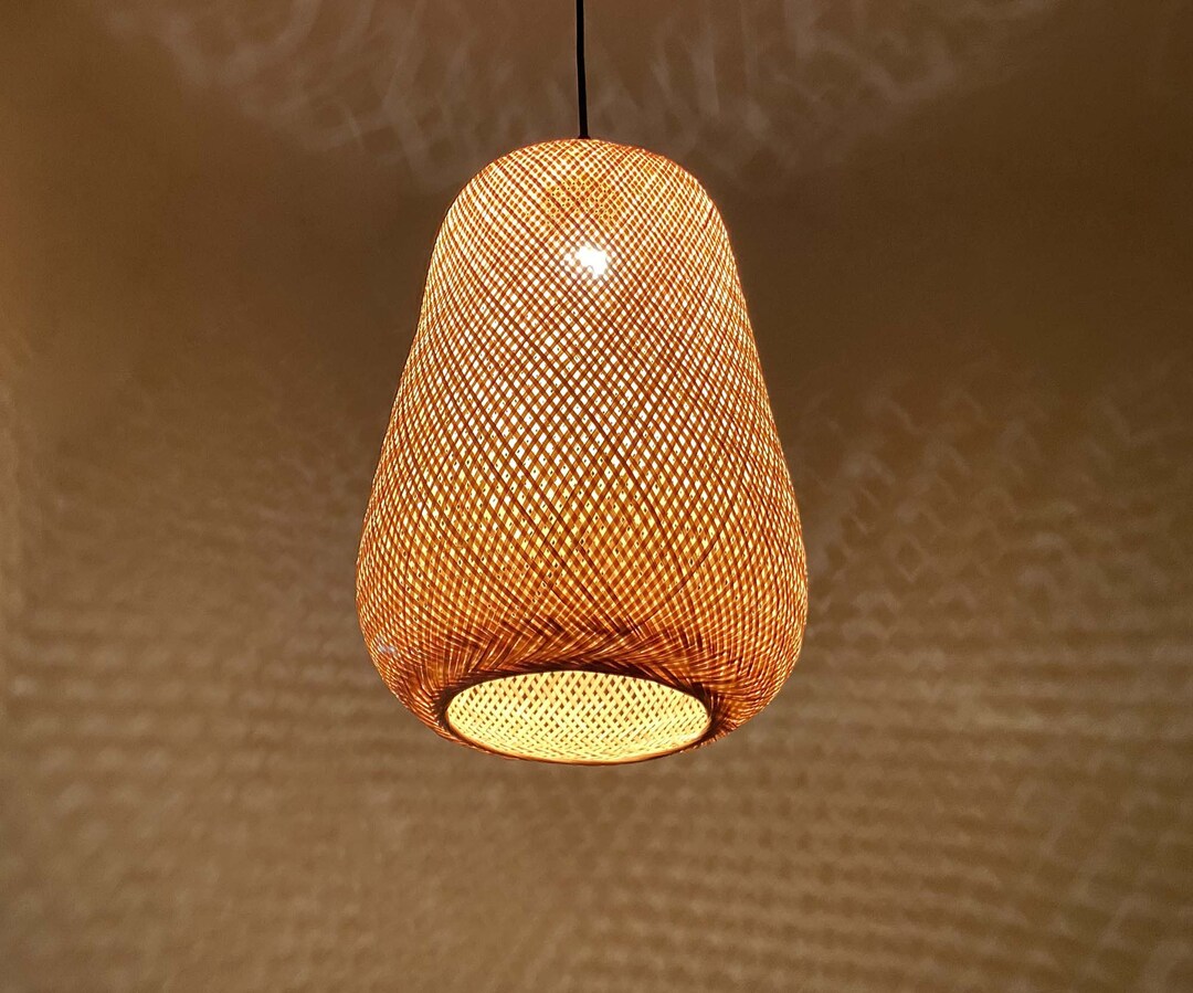 竹ランタンペンダントライト：自然な織りの照明（11インチ×16インチ