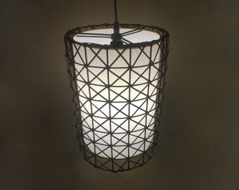 Rattan and Parchment Cylindrical Pendant Light, Handcrafted Ceiling Light Lampshade Size W9.8'' x H13.7''