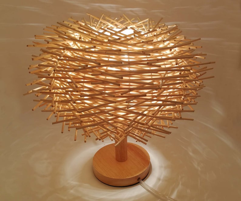 Natural Rattan Bird Nest Table Lamp Countryside Style Desk Etsy
