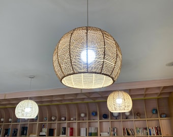 Handwoven Paper Rope Pendant Light: Beige Boho Chandelier