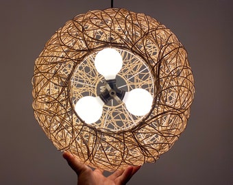 Handwoven Rattan Ceiling Light, Rustic Pendant Light, Globe Lampshade, Natural Color