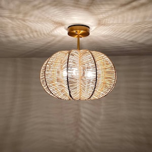 Rattan Flush Mount Ceiling Light,Ceiling Lighting Fixture,Boho Ceiling Fixture,Eco-friendly Lamp,3 Light Bulb Sockets,Size W15.7&#39;&#39; by H15&#39;&#39;