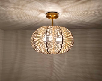 Rattan Flush Mount - Ceiling Lamp - Ceiling Lighting -Lamp Size Width 15.7'' by Height 15'' -  Three Light Bulb Sockets - Using Worldwide