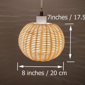 May include: A round, woven wicker pendant light fixture with a white ceiling mount. The light is 7 inches tall and 8 inches wide.