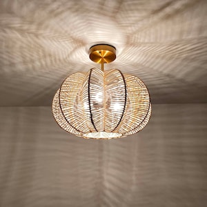 Rattan Carambola-shaped Flush Mount,Rattan Ceiling Lighting Fixture,Room Ceiling Lamp,Enterway Lighting,Three Light Bulb Sockets,Width 15.7&quot;