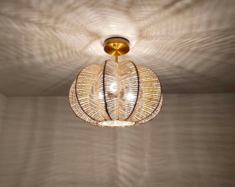 Rattan Carambola-shaped Flush Mount - Lamp Size Width 15.7'' by Height 15'' - Three Light Bulb Sockets - 110-240V/50-60Hz - Using Worldwide