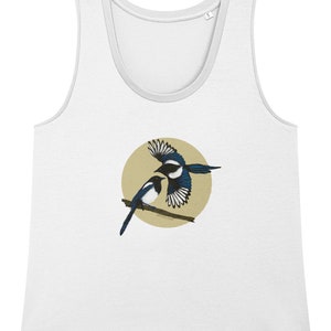 TWO FOR JOY Magpies Womens Organic Cotton Vest. Eco-friendly Gifts. Bird-lovers. Conscious Clothing.