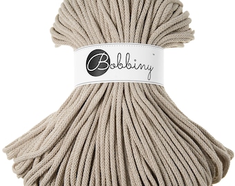 Bobbiny Beige Cotton Cord 5mm, 108 yards (100 meters) - Braided cotton cord, certified recycled cotton cord