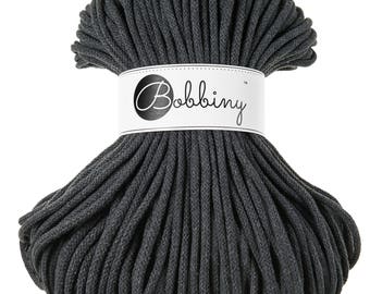 Bobbiny Charcoal Cotton Cord 5mm, 108 yards (100 meters) - Braided cotton cord, certified recycled cotton cord