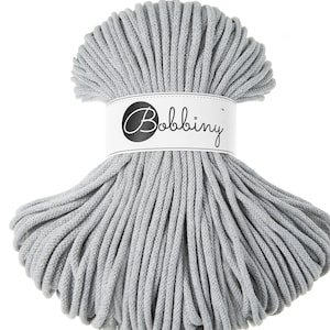Bobbiny Light Grey Cotton Cord 5mm, 108 yards (100 meters) - Braided cotton cord, certified recycled cotton cord