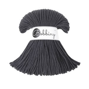 Bobbiny Charcoal Cotton Cord 3mm, 108 yards (100 meters) - Braided cotton cord, certified recycled cotton cord