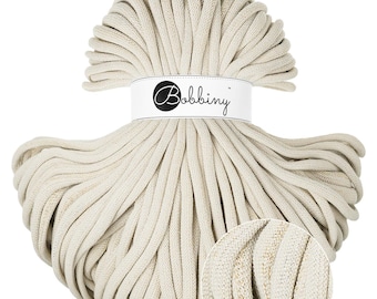 Shiny Cashmere Beige Bobbiny Jumbo Cotton Cord 9mm, 108 yards (100 meters) - Braided cotton cord, certified recycled cotton cord
