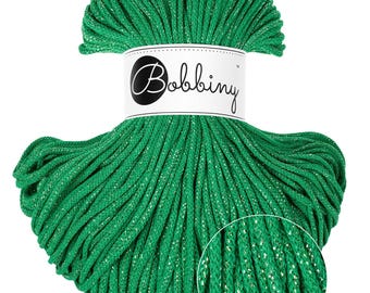 Bobbiny Shiny Jade Green Cotton Cord 3mm, 108 yards (100 meters) - Braided cotton cord, certified recycled cotton cord