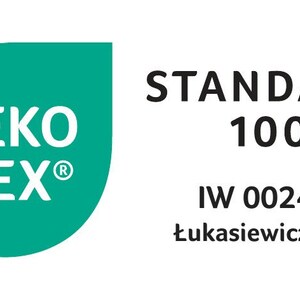 Puede incluir: Un logotipo verde en forma de hoja con el texto "OEKO-TEX&reg;" en blanco. El texto "STANDARD 100" est&aacute; en negro, junto con "IW 00240" y "łukasiewicz-ŁIT".