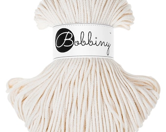 Bobbiny Natural Cotton Cord 3mm, 108 yards (100 meters) - Braided cotton cord, certified recycled cotton cord