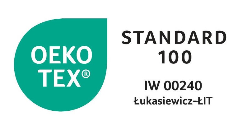 May include: A green leaf-shaped logo with the text "OEKO-TEX&reg;" in white. The text "STANDARD 100" is in black, along with "IW 00240" and "łukasiewicz-ŁIT".