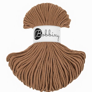 Bobbiny Caramel Cotton Cord 3 mm, 108 yards (100 mètres) - Cordon en coton tressé, cordon en coton recyclé certifié