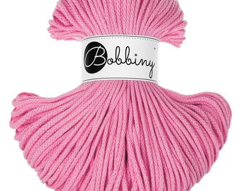 Bobbiny Bubblegum Pink Cotton Cord 3mm, 108 yards (100 meters) - Braided cotton cord, certified recycled cotton cord