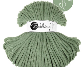 Bobbiny Eucalyptus Green Cotton Cord 8mm, jumbo soft, 108 yards (100 meters) - Braided cotton cord, certified recycled cotton cord