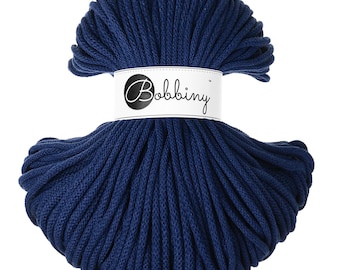 Bobbiny Ink Blue Cotton Cord 5mm, 108 yards (100 meters) - Braided cotton cord, certified recycled cotton cord