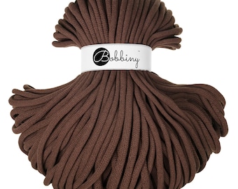 Chocolate Brown Bobbiny Jumbo Cotton Cord 9mm, 108 yards (100 meters) - Braided cotton cord, certified recycled cotton cord