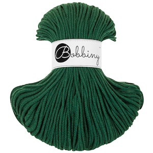 Bobbiny Pine Green Cotton Cord 3mm, 108 yards (100 meters) - Braided cotton cord, certified recycled cotton cord