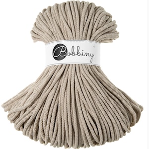 Bobbiny Beige Cotton Cord 5mm,54 yards (50 meters) - Braided cotton cord, certified recycled cotton cord