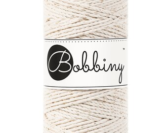 Bobbiny Golden Natural 3ply Macrame Rope 3mm, 108 yards (100 meters) - 3-strand macrame rope, certified recycled macrame rope